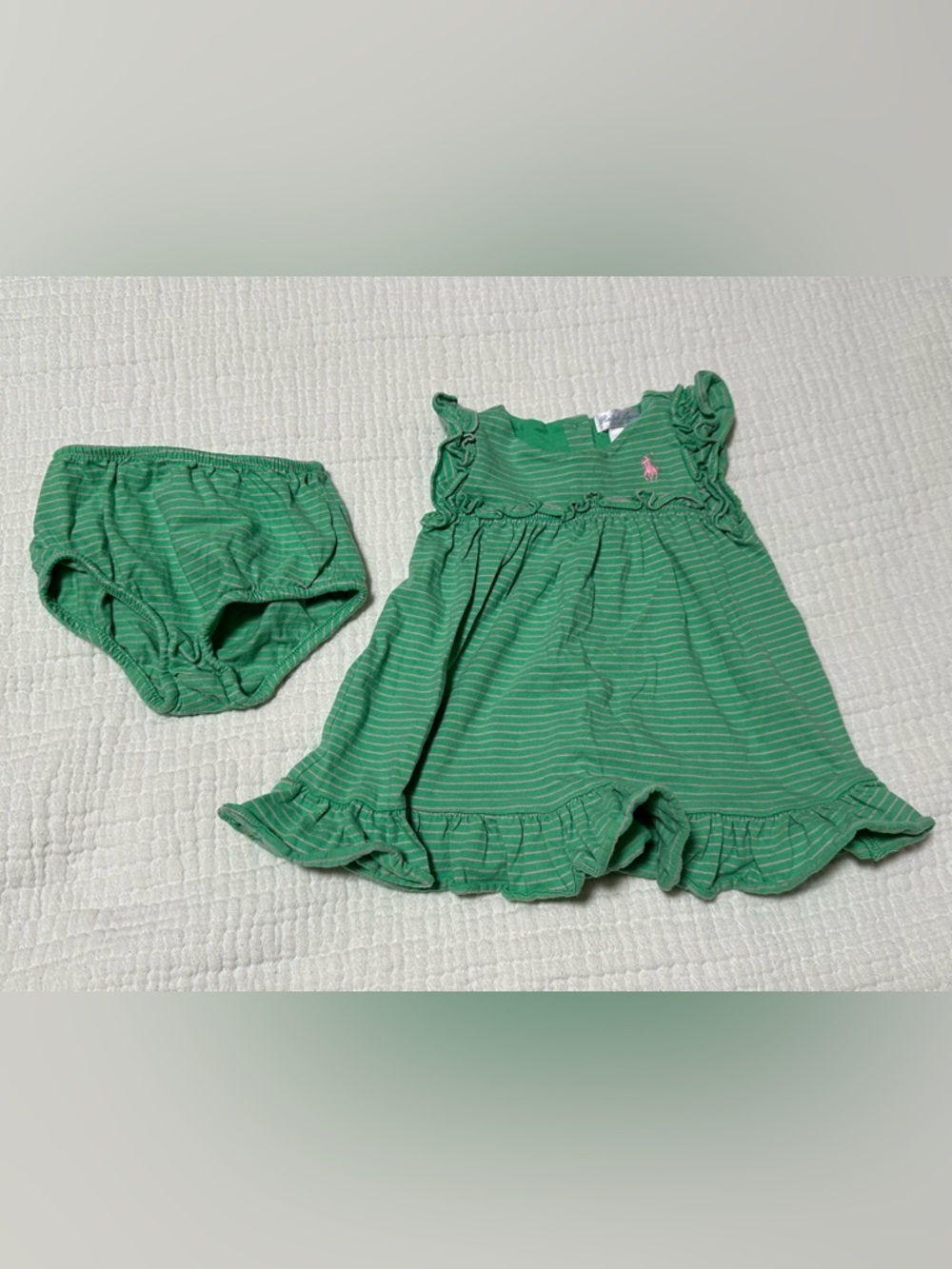 Ralph Lauren Green & Pink Striped Ruffle Dress with Matching Bloomers